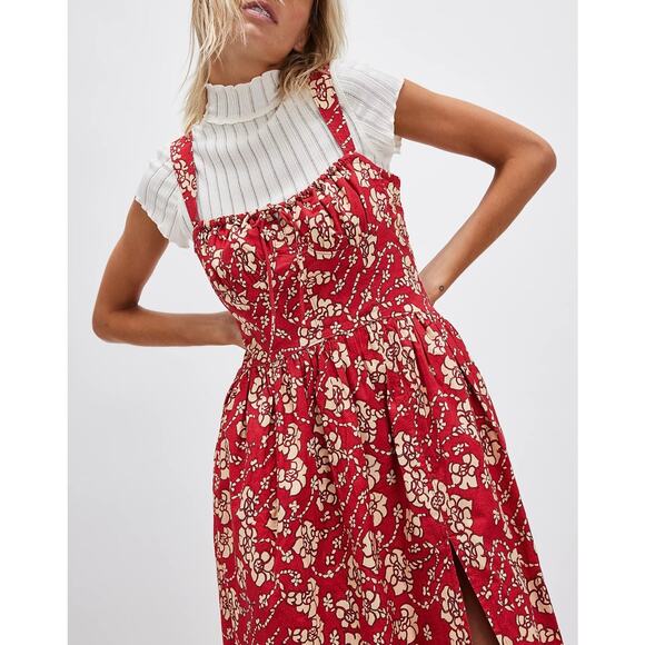 Free People Laters Baby Floral Midi Dress in Red Size XS - Picture 2 of 16